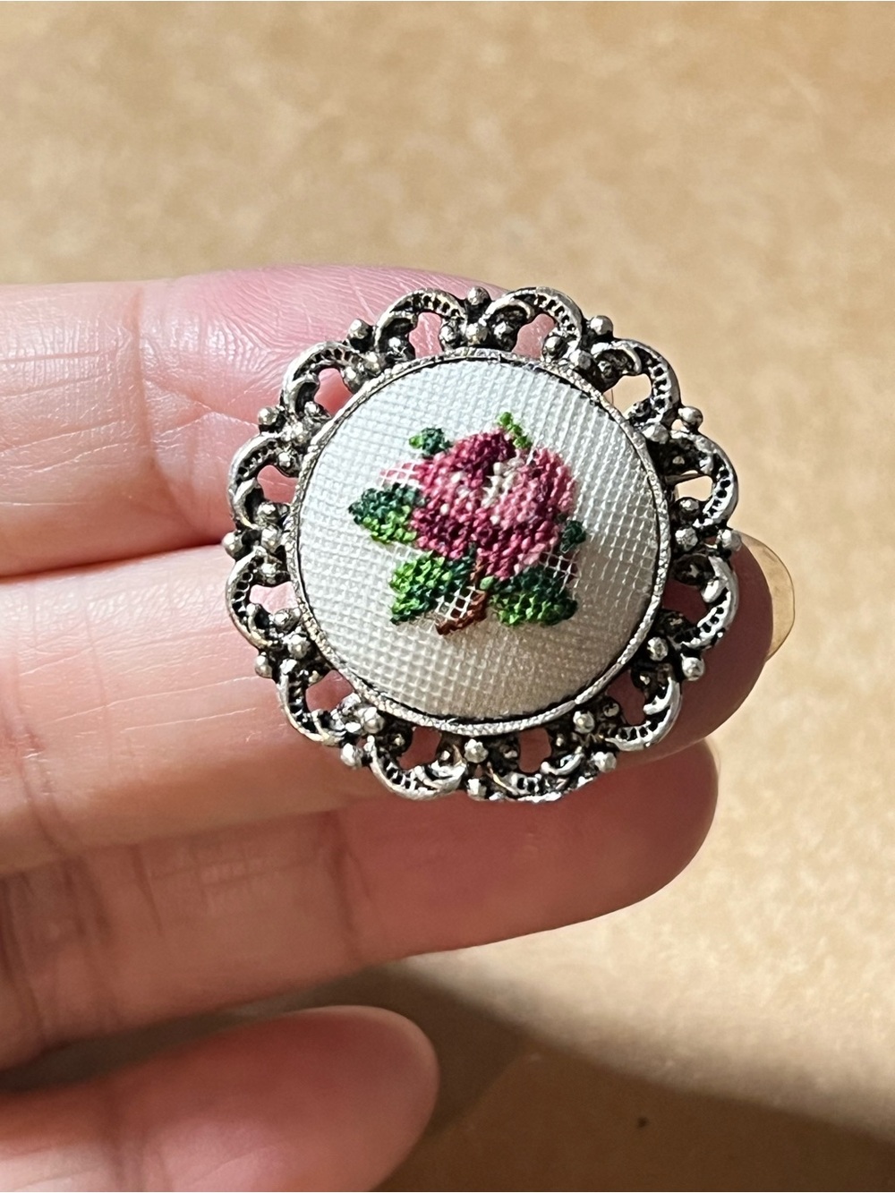 Vintage Austria Lencia Petit Point Pink Rose Floral Brooch Pin (1.1")